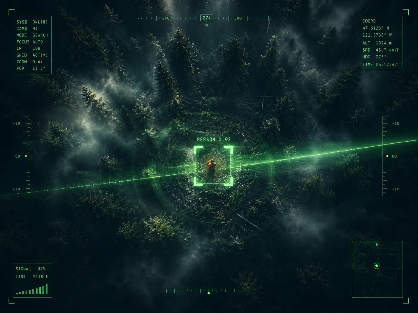 Feed de drone com pessoa detectada em floresta à noite