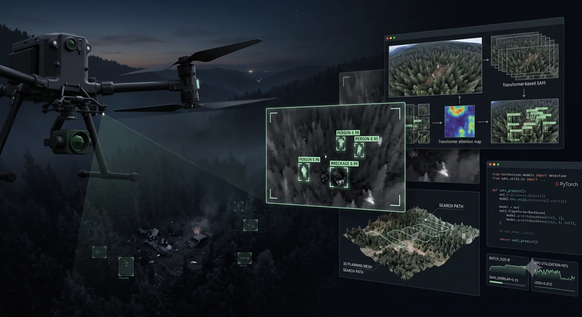 Drone com câmera térmica sobrevoando floresta à noite, com detecções PERSON e WRECKAGE